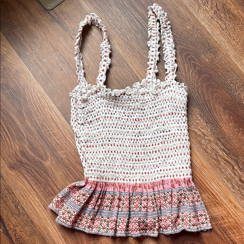 Patrons of Peace White and Cream Smocked Peplum Tank Top